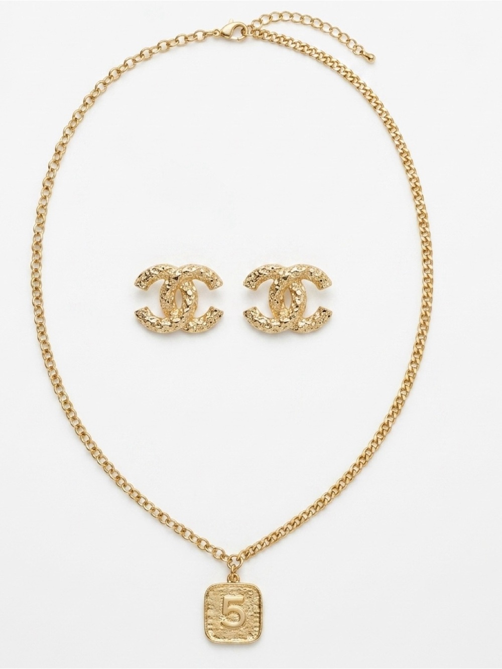 Gold-Tone 5 Coin Pendant Necklace with CC Letter Earrings